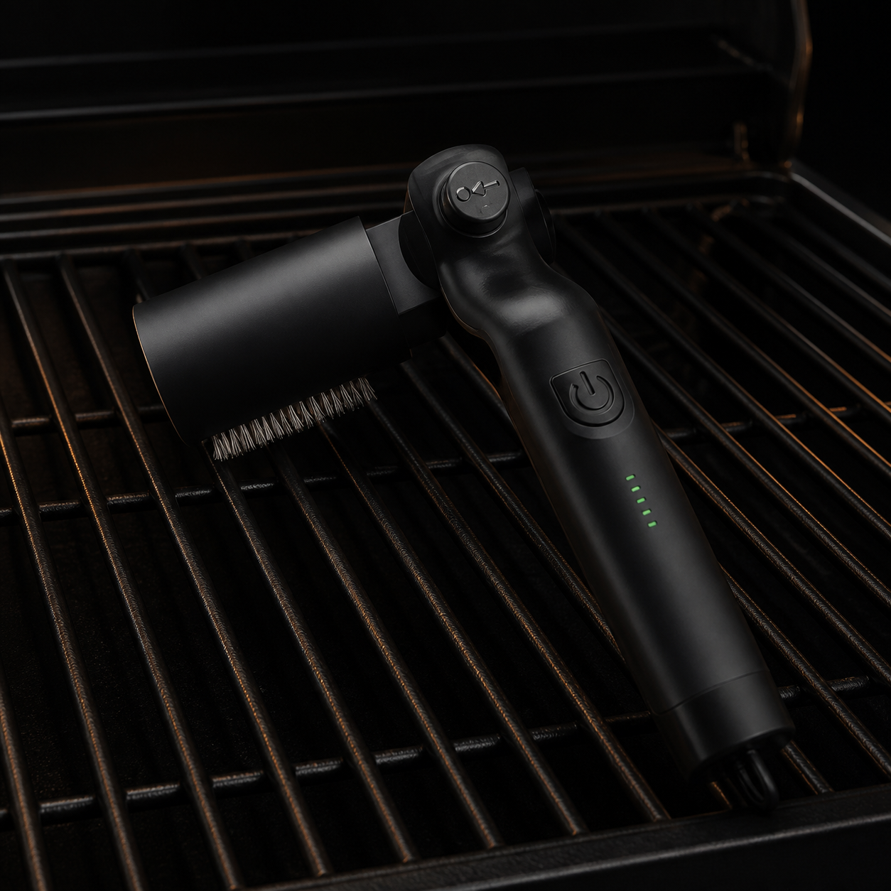 Electric grill brush resting on black grill grates