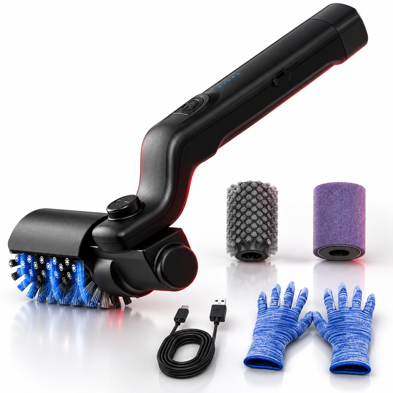 GrillSmith cordless brush, three rollers, charging cable, and protective gloves in a luxury studio arrangement